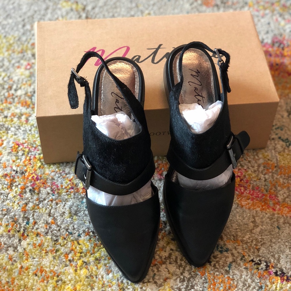 Matisse Black Leather and Calf Hair Flats